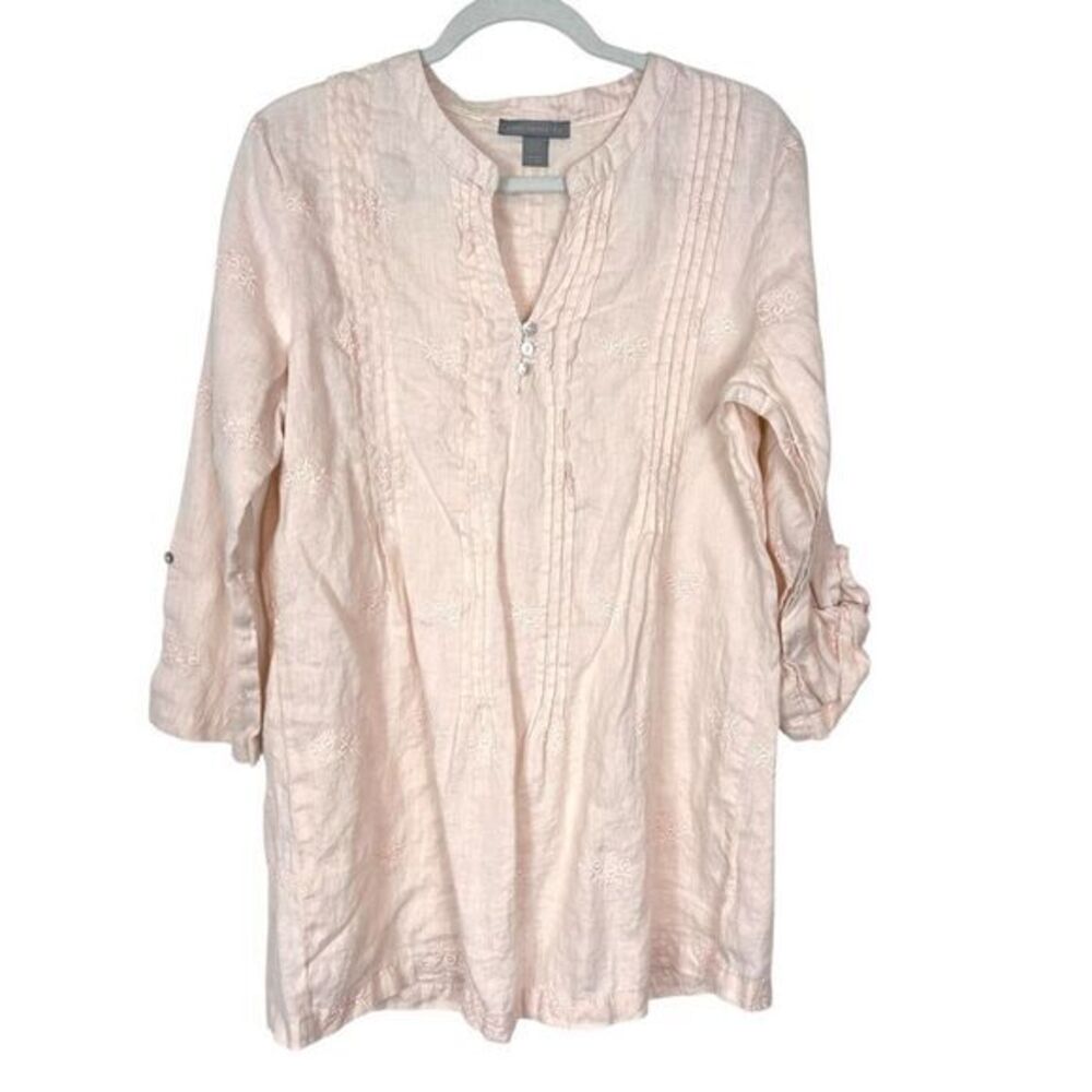 Saint Tropez West Top Embroidered Large Pale Pink Linen Tunic Pintuck 3/4 Sleeve